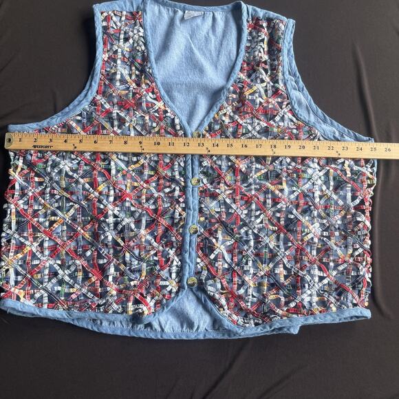 Cascade Blues Vest Womens 2X Blue Patchwork Plaid Embroidered Button Up Boho - Picture 7 of 8